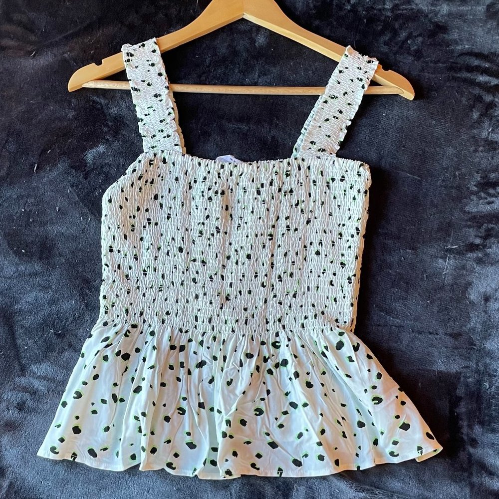 Elodie Peplum Tank with Thick Straps w/ Black and Green Spots